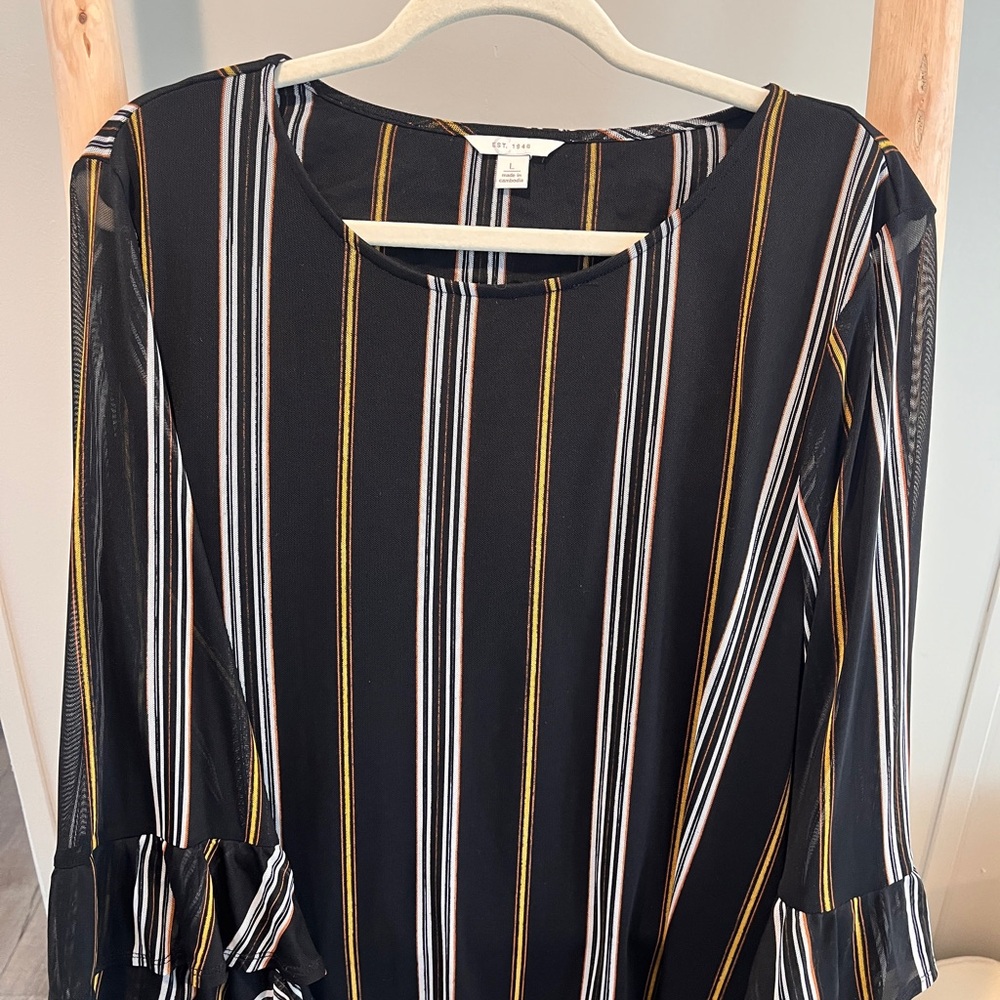 Women's Black Striped Long Sleeve Tee with Gold Accent